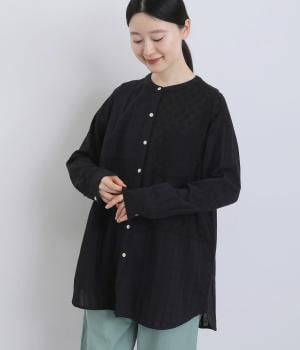 チェック×ドット×ストライプジャカード切替チュニックシャツ(ブラック-F)