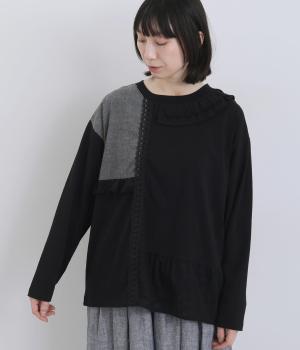 フリル切り替えロングスリーブTシャツ(ブラック-F)