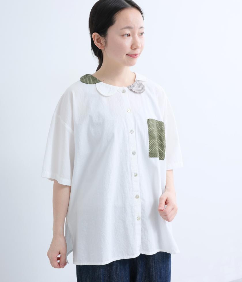丸襟柄切替ブラウス