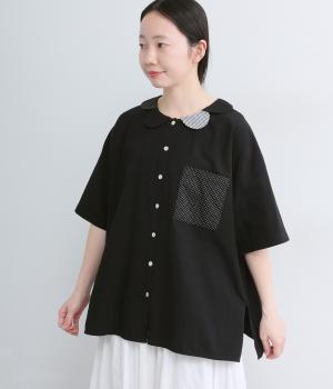 丸襟柄切替ブラウス(ブラック-F)