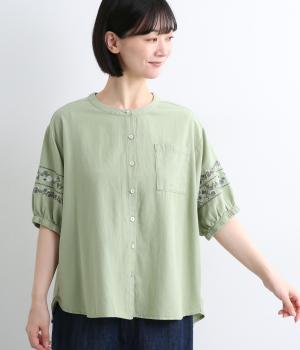コットンカルゼ袖刺繍ブラウス