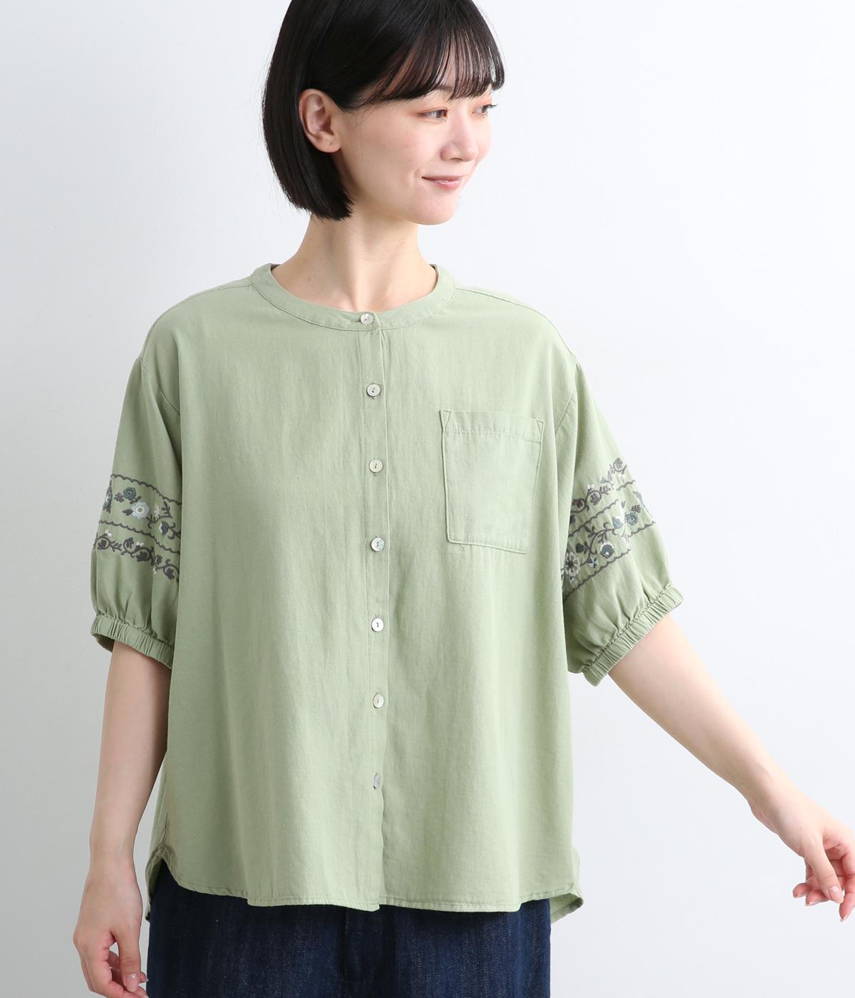 コットンカルゼ袖刺繍ブラウス(ライトグリーン-F)