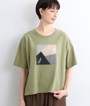 パッチワークキルト風刺繍Tee(カーキ-F)