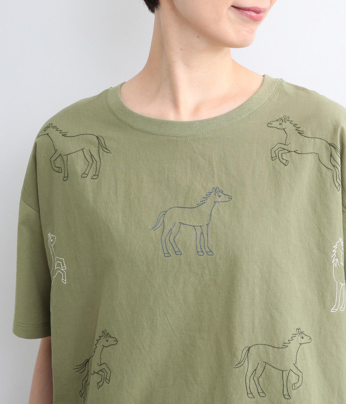 前身コットン布帛ウマ刺繍Tee｜NUEVO BLANCA（ヌエヴォブランカ）の