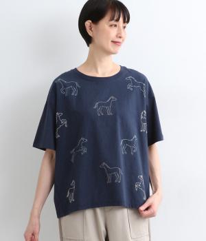 前身コットン布帛ウマ刺繍Tee(ネイビー-F)