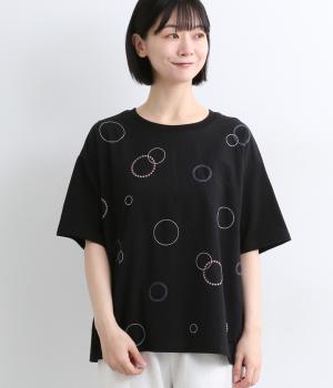 前身コットン布帛サークル刺繍Tee(ブラック-F)