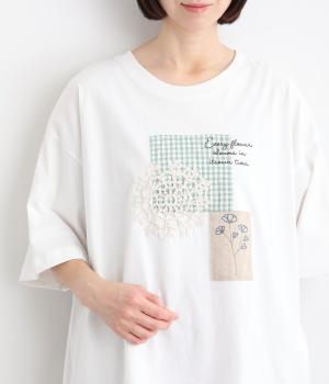レース編みパッチTシャツ(ホワイト-F)