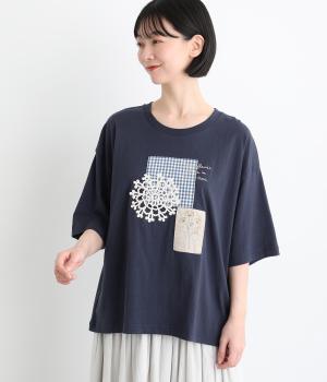 レース編みパッチTシャツ(ネイビー-F)