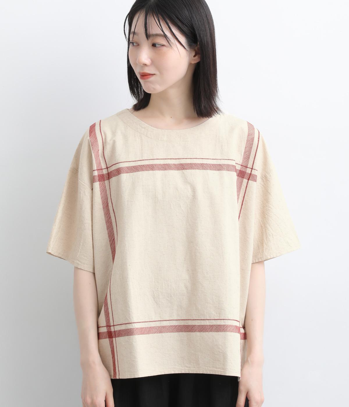 コットンリネンチェック刺繍プルオーバー(ナチュラル-F)