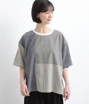 布帛切替ゆったりTee(ホワイト×ネイビー系-F)