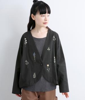 フラワー刺繍ノーカラージャケット(ブラック-F)
