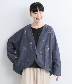 フラワー刺繍ノーカラージャケット(ネイビーデニム-F)