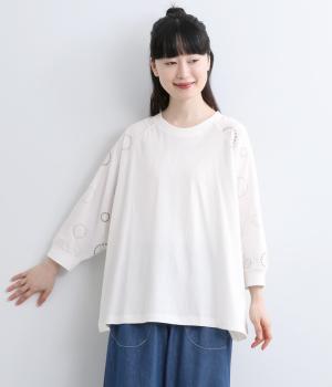 サークル刺繍布帛7分袖プルオーバー(ホワイト-F)