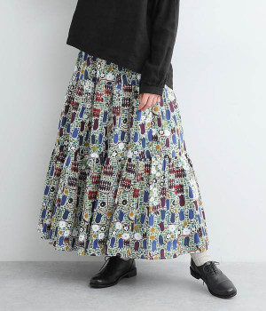 コットンモザイクパークスカート(ブルー-ONESIZE)