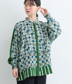 コットンパネルチェックブラウス(グリーン-ONESIZE)