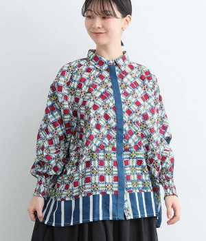 コットンパネルチェックブラウス(ネイビー-ONESIZE)