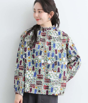 コットンモザイクパークブラウス(ブルー-ONESIZE)