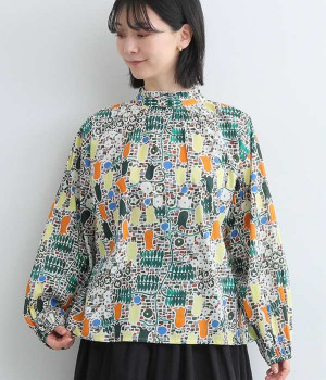 コットンモザイクパークブラウス(オレンジ-ONESIZE)