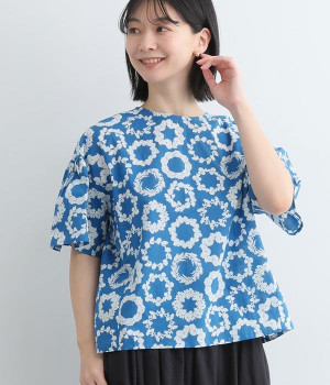 コットンリースブラウス(ブルー-ONESIZE)