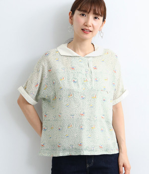 コットンブロックヨットブラウス(グリーン-ONESIZE)