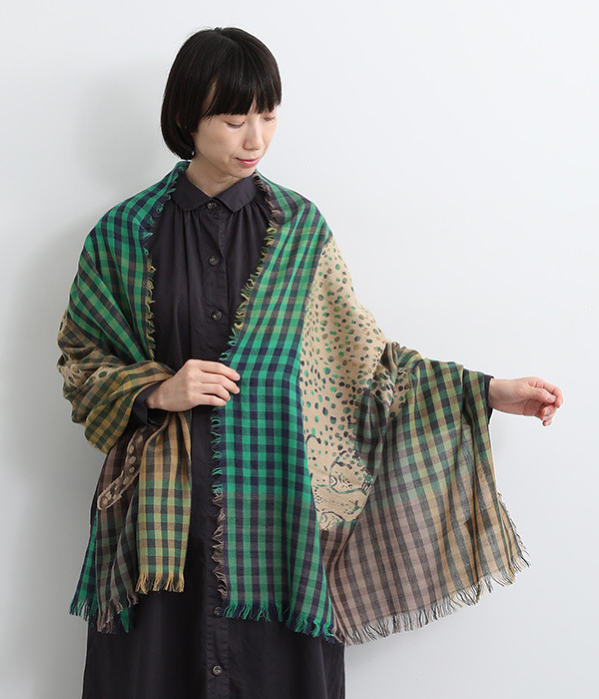 レオパード ウールショール(グリーン-ONESIZE)