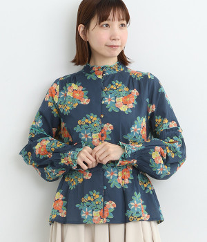 コットンボイルブーケブラウス(ネイビー-ONESIZE)