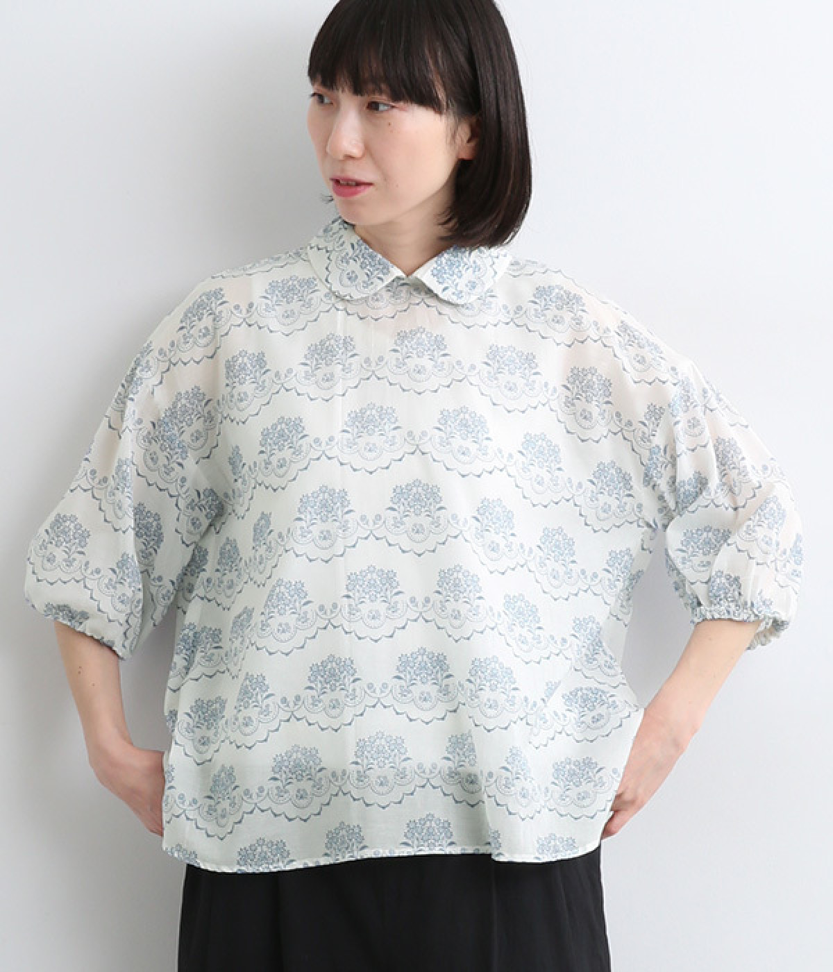 レースプリントブラウス(ベージュ-ONESIZE)