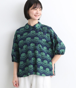レースプリントブラウス(ネイビー-ONESIZE)