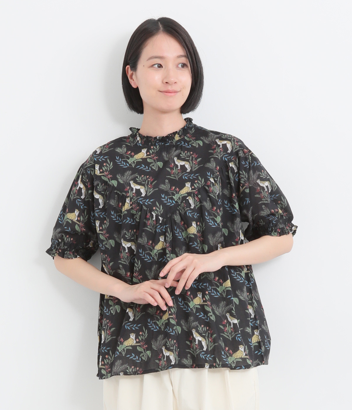 コットンキャンブリックチーターブラウス(ブラック-ONESIZE)