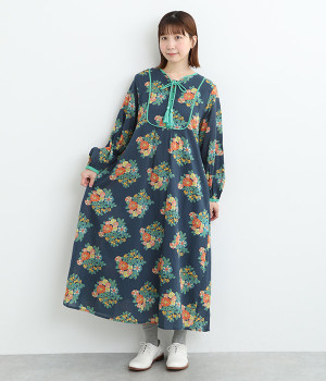 コットンボイルブーケワンピース(ネイビー-ONESIZE)