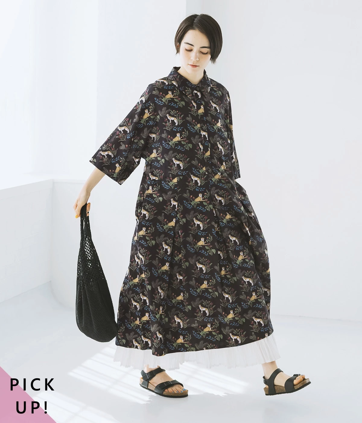 コットンキャンブリックチーターワンピース(ブラック-ONESIZE)