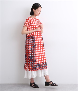コットンボイルロータスチェックワンピース(レッド-ONESIZE)