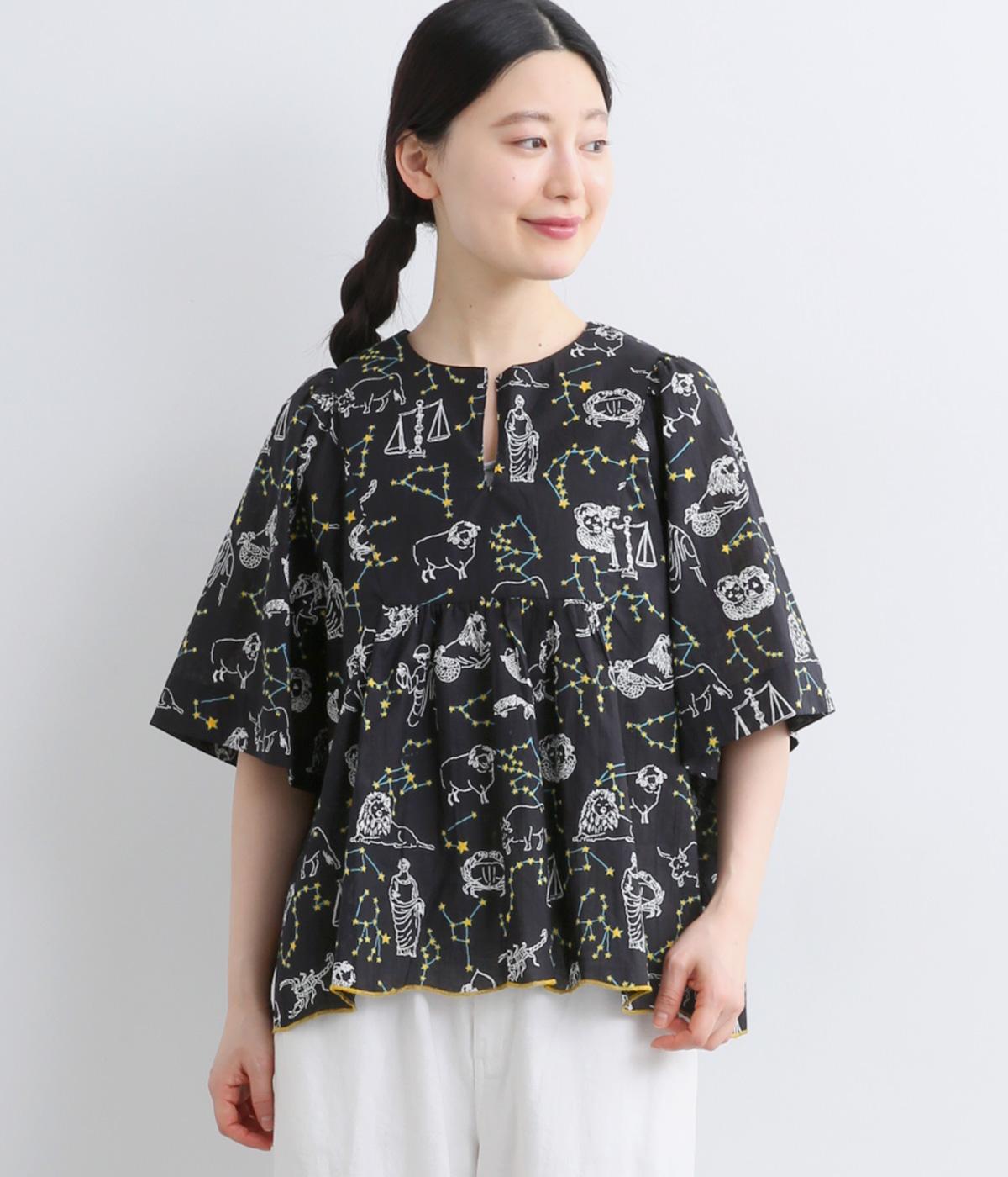 コットンキャンブリックホロスコープブラウス(ブラック-F)