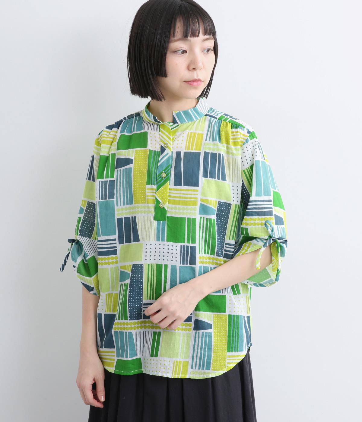 コットンボイルドローイングミックスブラウス(グリーン-F)