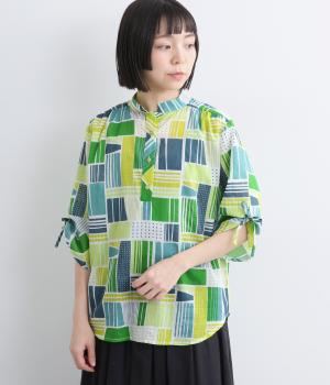コットンボイルドローイングミックスブラウス(グリーン-F)