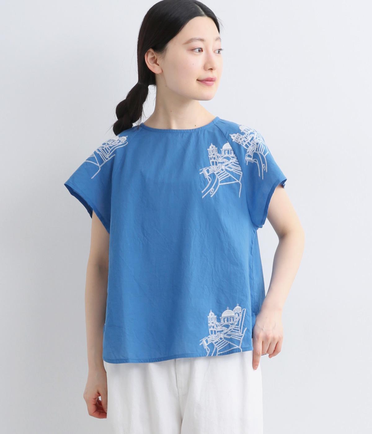 コットンキャンブリックタワーエンブロイダリーブラウス(ブルー-F)