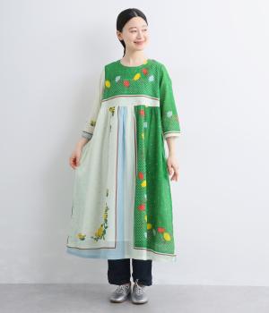 「coco made」さんコラボ　コットンレーヨンスカーフプリントワンピース(ブルー-F)