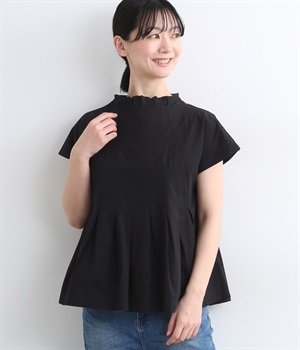 コットンクロスタックデザインブラウス(ブラック-ONESIZE)