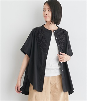 フリルデザインブラウス(ブラック-M)