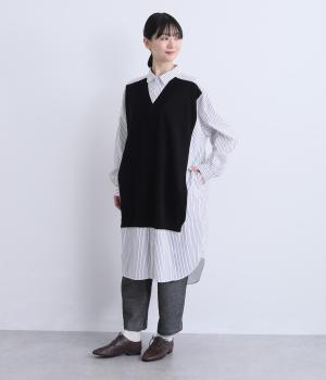 ニットジレレイヤードデザインストライプシャツドレス(オフホワイト-M)