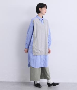 ニットジレレイヤードデザインストライプシャツドレス(サックス-M)