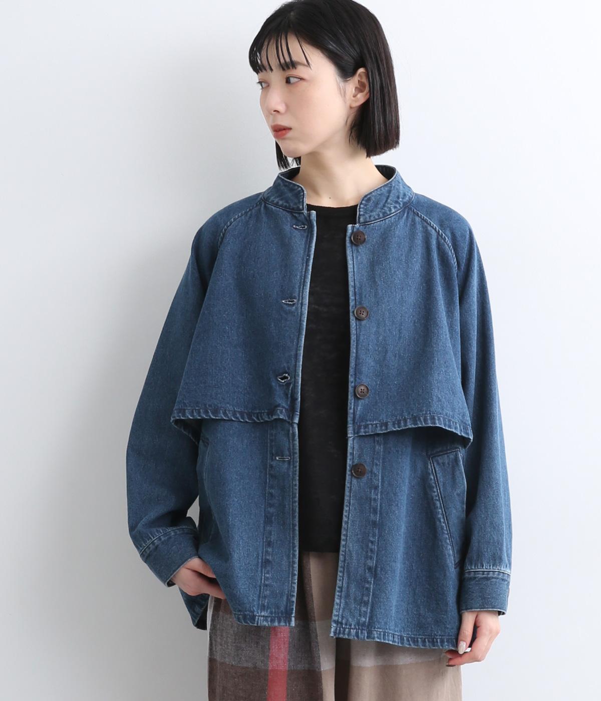 フラップデザインマオカラーデニムジャケット(ブルー-M)
