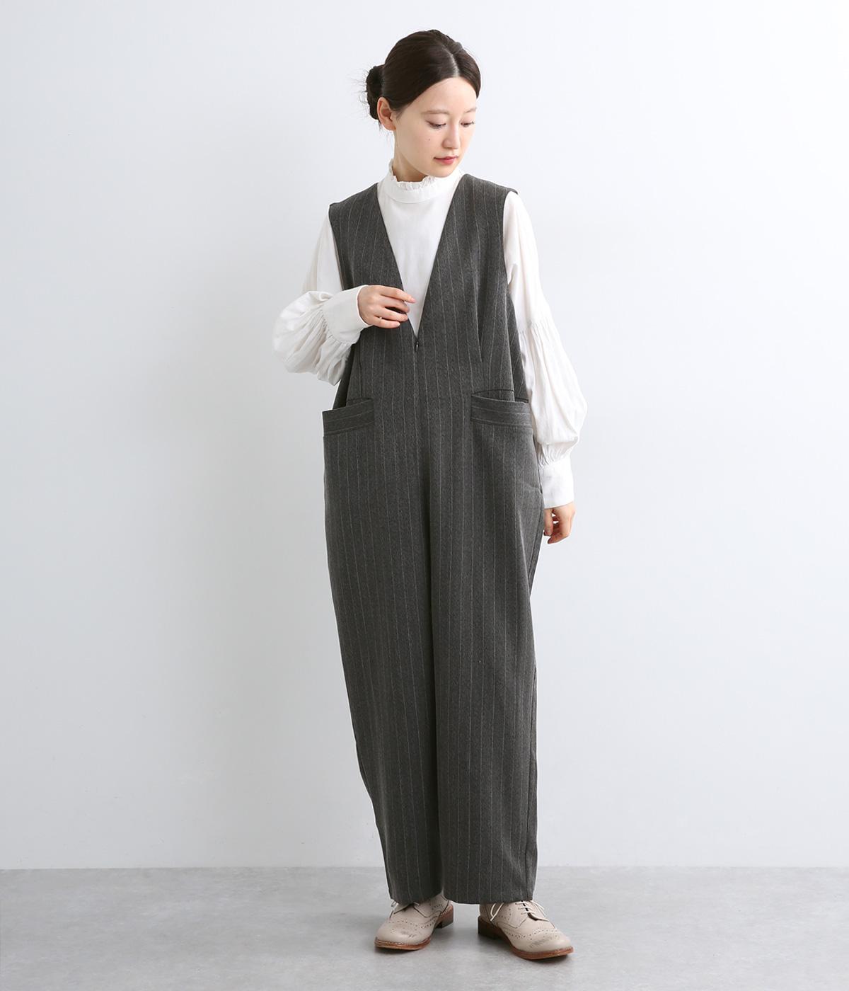 ヘリンボーンVネックサロペットパンツ(チャコール-M)