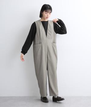 ヘリンボーンVネックサロペットパンツ(グレー-M)