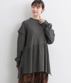 接結カットソーギャザートップス(チャコール-M)