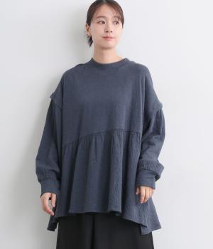 接結カットソーギャザートップス(ネイビー-M)