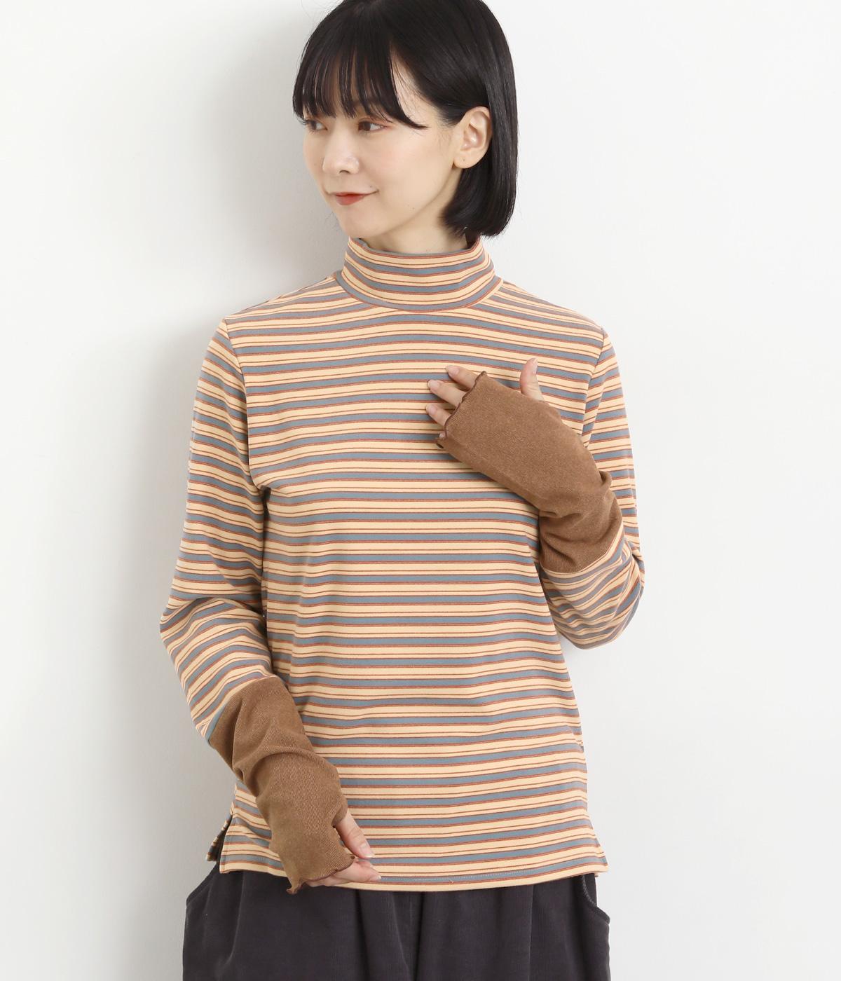 ボーダーハイネックトップス(ベージュ-M)
