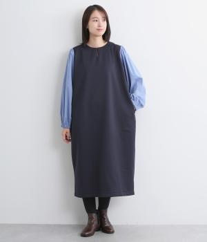 ドッキング裏起毛ポンチワンピース(ネイビー-M)