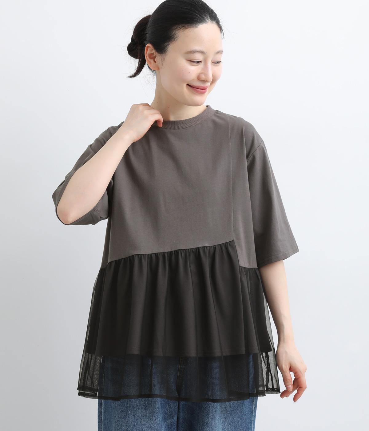 アシンメトリーデザインメッシュコンビトップス(チャコール-M)