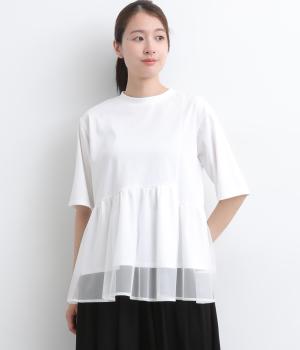 アシンメトリーデザインメッシュコンビトップス(オフホワイト-M)